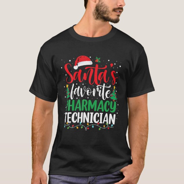Santa's Favorite Pharmacy Tech Christmas Santa Hat T-Shirt (Front)