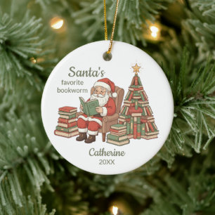 Santa's Favourite Bookworm Name And Year Ceramic Ornament