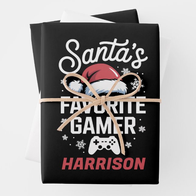 Santa's Favourite Gamer Personalized Gaming Xmas Wrapping Paper Sheet (In situ)