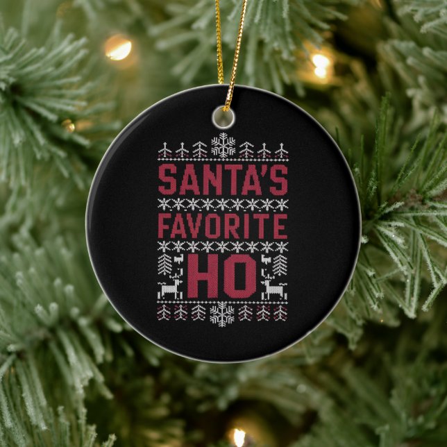 Santa's Favourite Ho Ugly Christmas Sweater Ceramic Ornament (Tree)