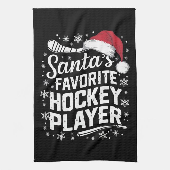 Santa's Favourite Hockey Player Pajama Christmas  Kitchen Towel (Vertical)