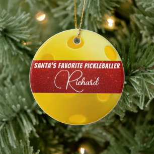 Santa's Favourite Pickleballer Yellow Pickleball Ceramic Ornament
