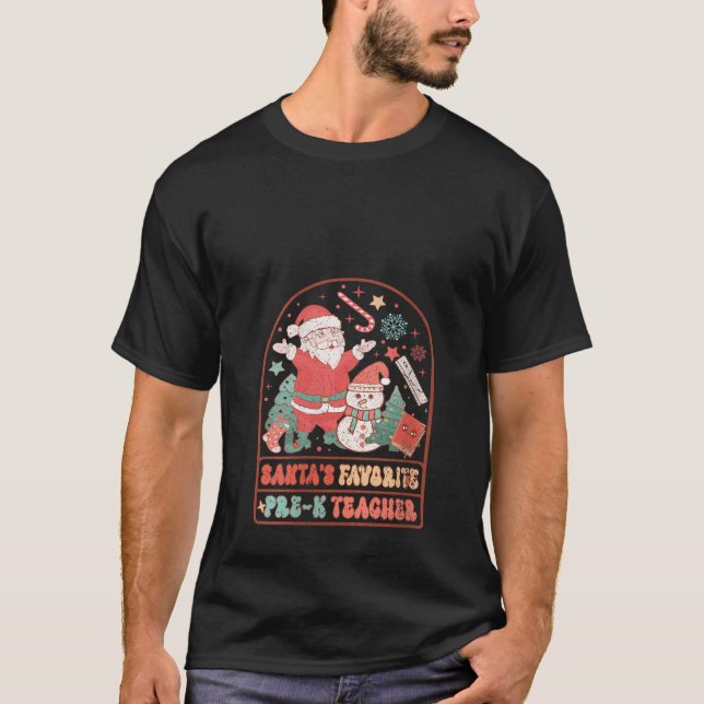 Santas Favourite Pre K Teacher Retro Groovy Christ T-Shirt (Front)