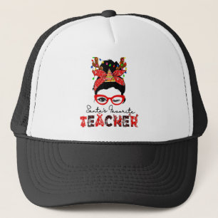 Santa's Favourite Teacher Messy Bun Pyjamas Christ Trucker Hat
