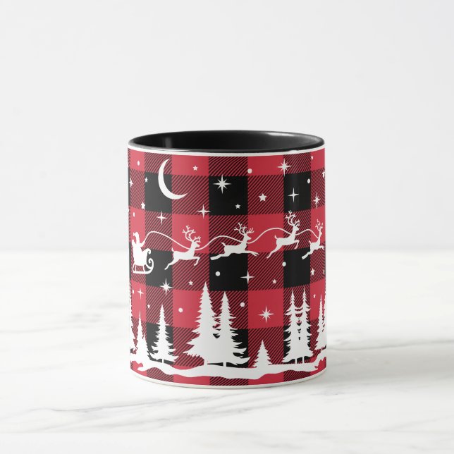 Santa's Flying Reindeer Red Buffalo Check Mug (Center)