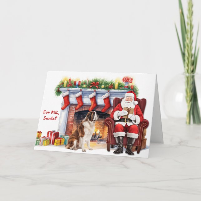 Santa's Gift Saint Bernard Dog Christmas Holiday Card (Front)