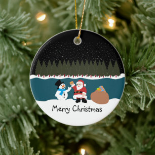 Santa's Gift To Snowman Christmas Christmas Orname Ceramic Ornament