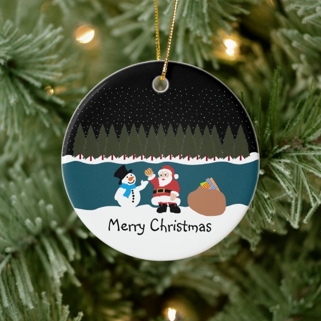 Santa's Gift To Snowman Christmas Christmas Orname Ceramic Ornament (Tree)