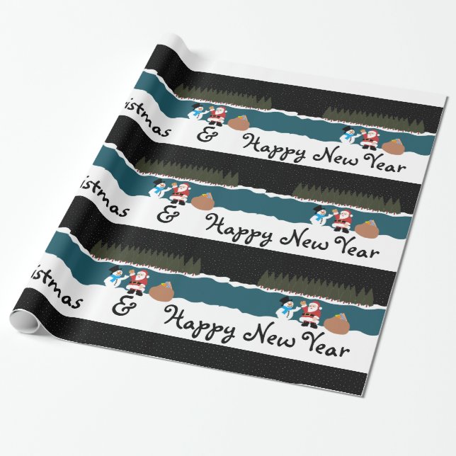 Santa's Gift To Snowman Wrapping Paper (Unrolled)