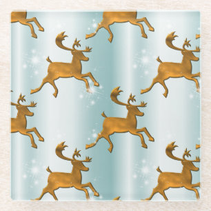 Santa's Golden Reindeer Christmas Glass Coaster