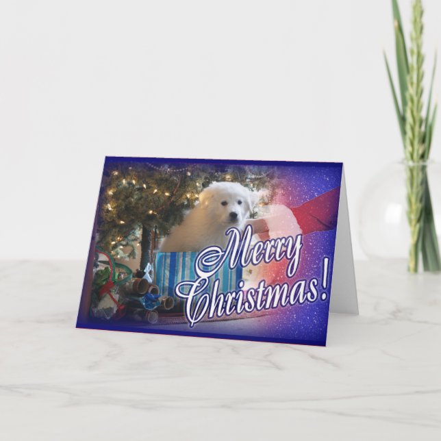 SANTA'S GREAT PYRENEES CHRISTMAS PUPPY GIFT HOLIDAY CARD (Front)