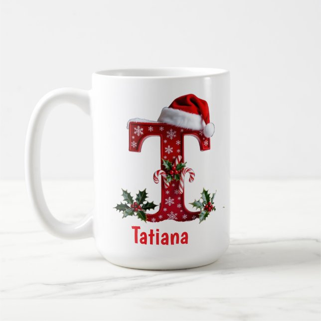 Santa's hat Monogram initial T merry Christmas  Coffee Mug (Left)