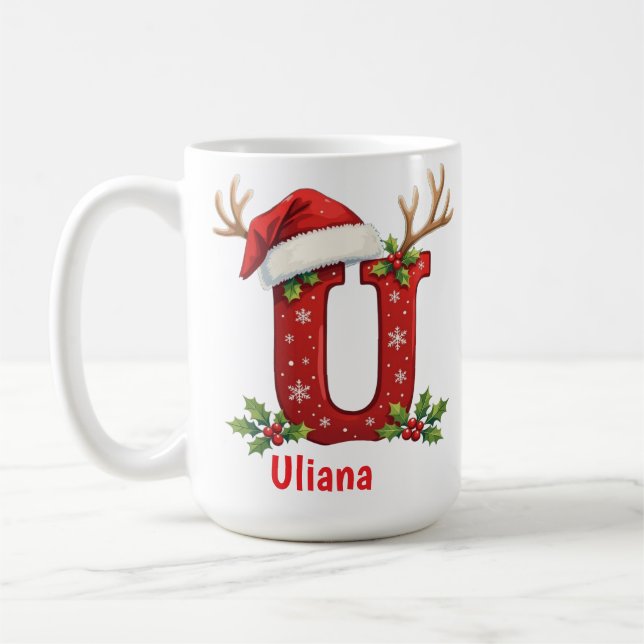 Santa's hat Monogrogram initial U merry Christmas  Coffee Mug (Left)