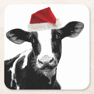 Santa's Helper Cow with Funny Red Hat Square Paper Coaster