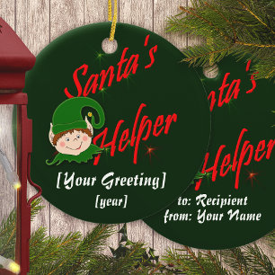 Santa's Helper Cute Elf Personalized Christmas Ceramic Ornament