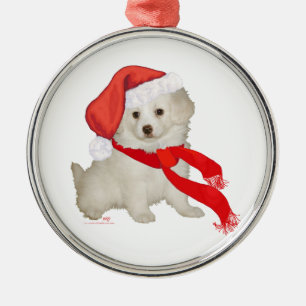 Santa's Helper Puppy Poodle / Bichon Mix Metal Ornament