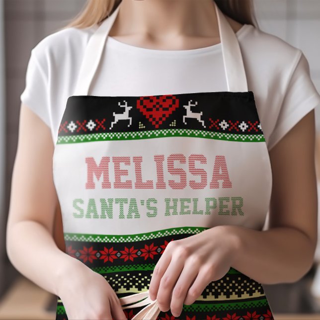Santa's Helper Ugly Christmas Sweater LARGE Apron (Cute Santa's Helper Ugly Sweater Apron with Any Name in Faux Stitched Typography | SIZE LARGE)