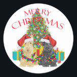 Santas Helpers Classic Round Sticker<br><div class="desc">Wheaten and Black Scottish Terrier have been helping to decorate the Christmas Tree and sort out the Gifts! Come visit Maggie Ross Scotties Shop to see this and many more seasonal designs created from my original artwork. Personalize if you wish, using our easy Text Tool. Change the background colours! Purchase...</div>