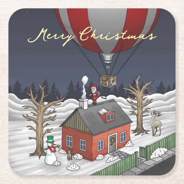 Santa's Hot Air Balloon Square Paper Coaster (Front)