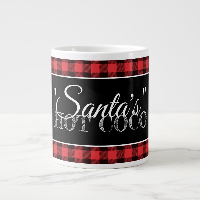 "Santa's" Hot Coco  Red & Black Buffalo Plaid Large Coffee Mug (Front)