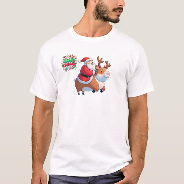 "Santa's Joyful Ride with Reindeer" T-Shirt (Front)