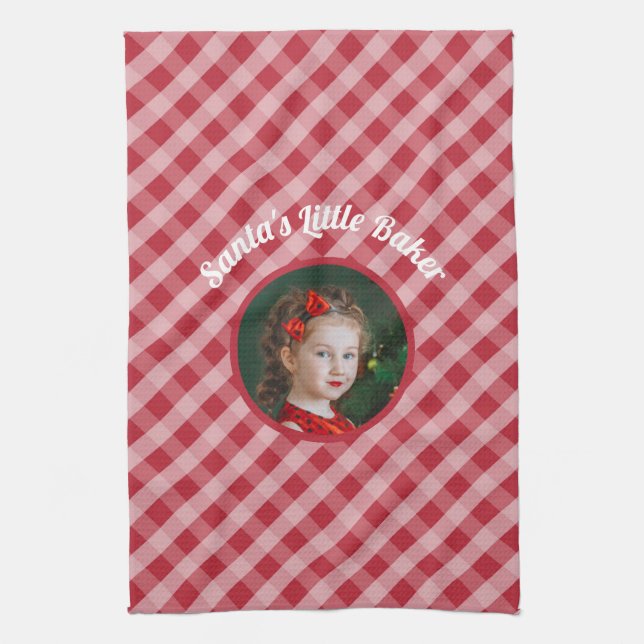 Santa's Little Baker kids gingham christmas photo Kitchen Towel (Vertical)