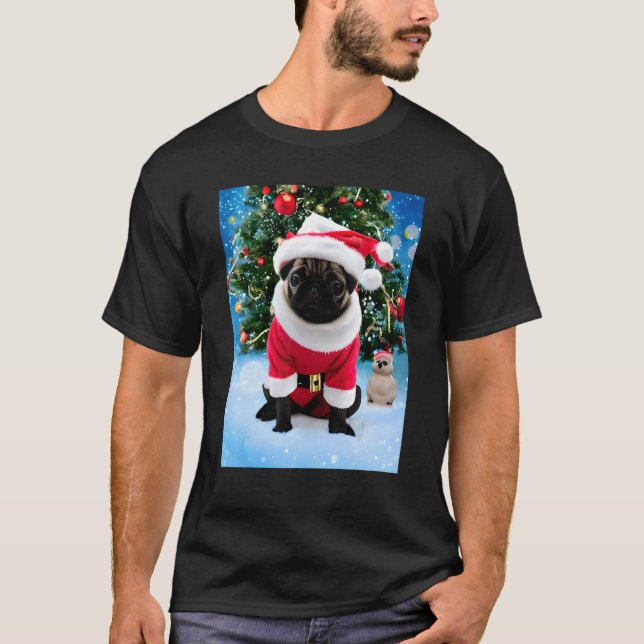 Santa's Little Helper Christmas Pug in Santa Suit T-Shirt (Front)