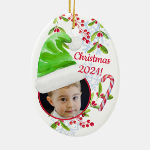 Santa's Little Helper Elf Hat Photo Christmas Xmas Ceramic Ornament