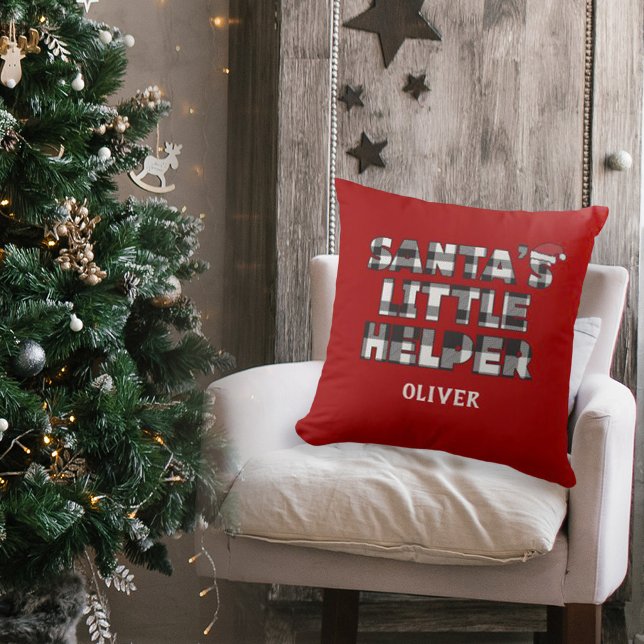 Santa's little helper Personalized  Throw Pillow (santa's little helper Christmas personalized square pillow. black and white plaid check design)