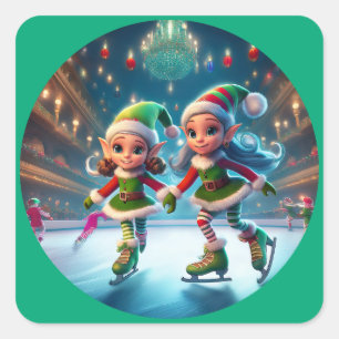 Santa's Little Helpers Are Ice Skating Indoors Square Sticker