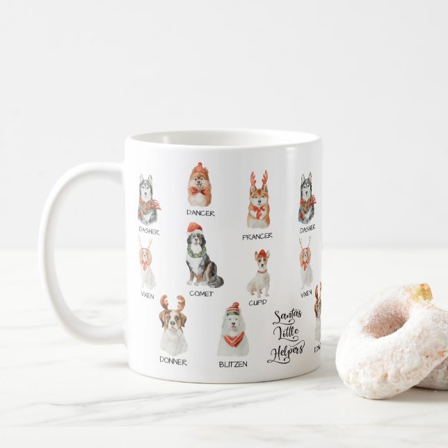 Santa's little helpers Dog Reindeer names mug (With Donut)