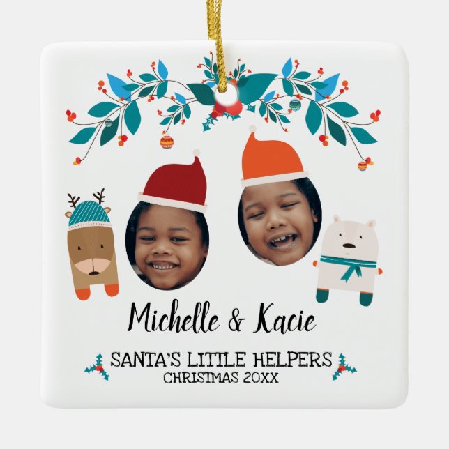 Santa's Little Helpers Grand Kids Christmas Photo Ceramic Ornament (Front)