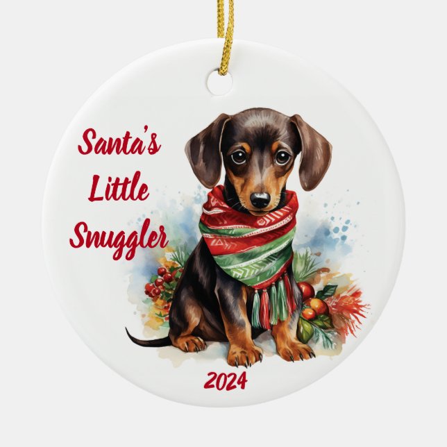 Santa's Little Snuggler: Watercolor  Ceramic Ornament (Front)