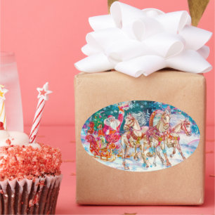 Santa's Magical Horse Sleigh Snow Christmas Night Oval Sticker