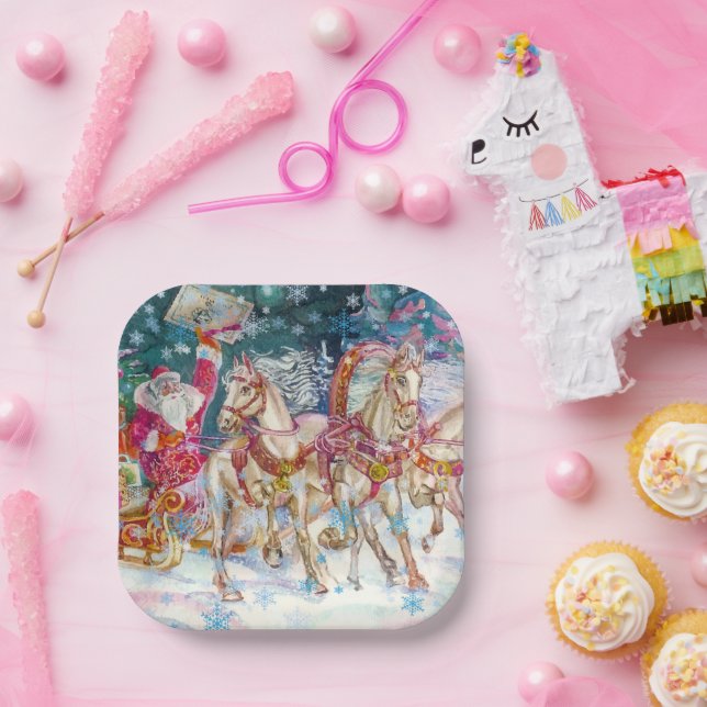 Santa's Magical Horse Sleigh Snow Christmas Night  Paper Plate (Party)