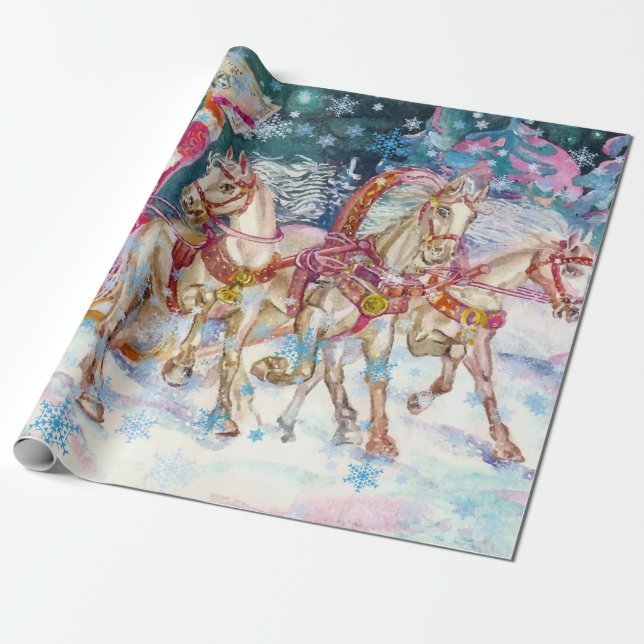 Santa's Magical Horse Sleigh Snow Christmas Night  Wrapping Paper (Unrolled)