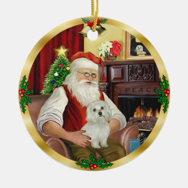 Santa's Maltese (#11) Ceramic Ornament (Front)