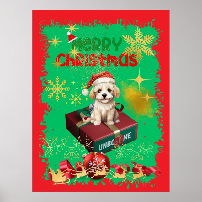 Santa's Maltisse sitting on a gift box. Poster (Front)