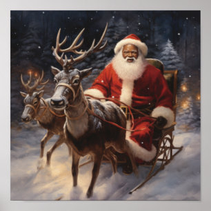 "Santa's Merry Sled Team" African American Santa  Poster