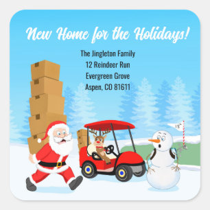 Santa's Moving Boxes with Reindeer on Golf Course Square Sticker