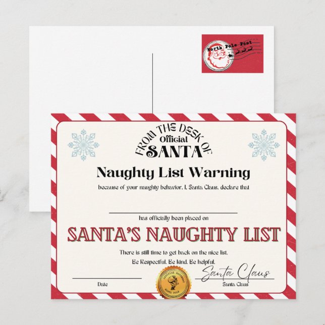 Santa's Naughty List Postcard (Front/Back)