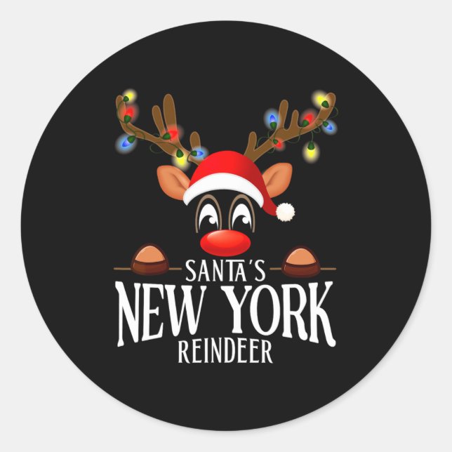 Santas New York Reindeer Funny Xmas Matching Pjs  Classic Round Sticker (Front)