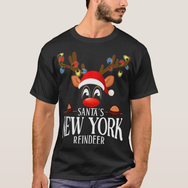 Santas New York Reindeer Funny Xmas Matching Pjs T T-Shirt (Front)