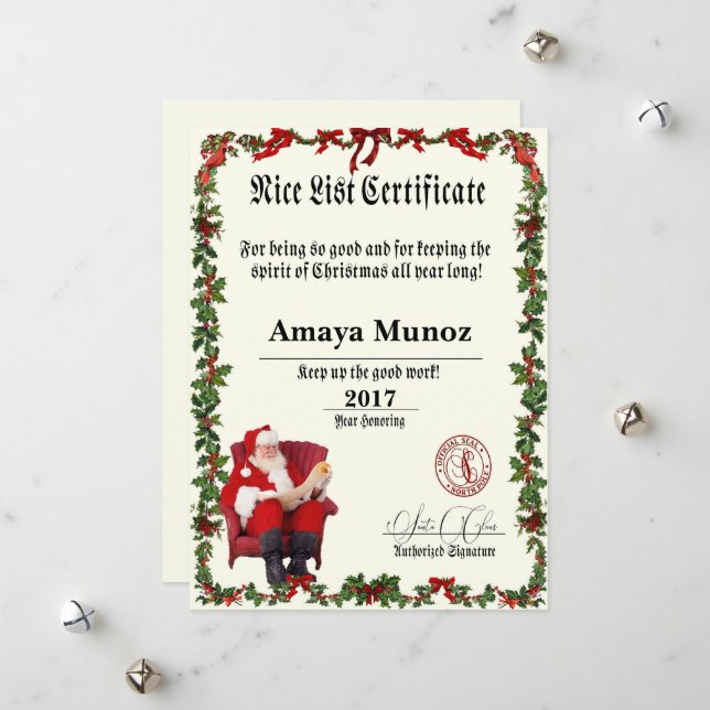 Santa's Nice List Certificate Holiday Card (Front/Back In Situ)