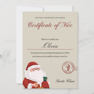 Santa's Nice list christmas certificate Holiday Card