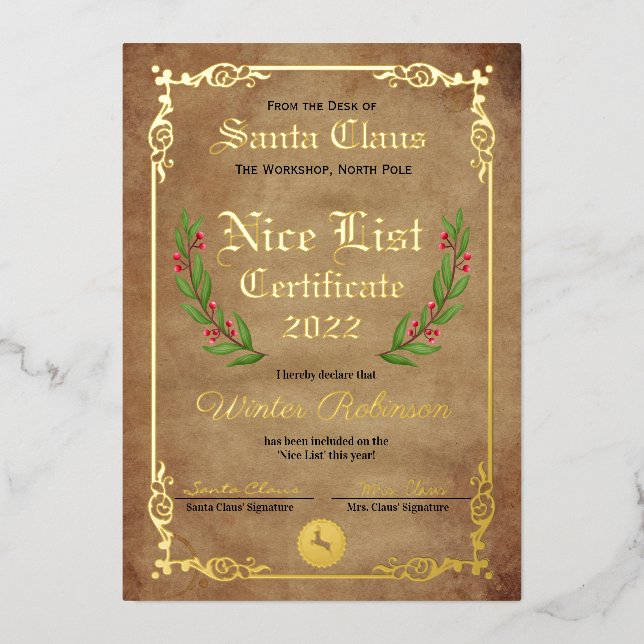 Santa's Nice List Foil Certificate  (Front)