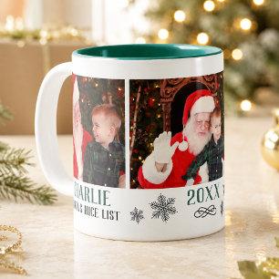 Santa's Nice List Green Holiday Photo Collage Two-Tone Coffee Mug
