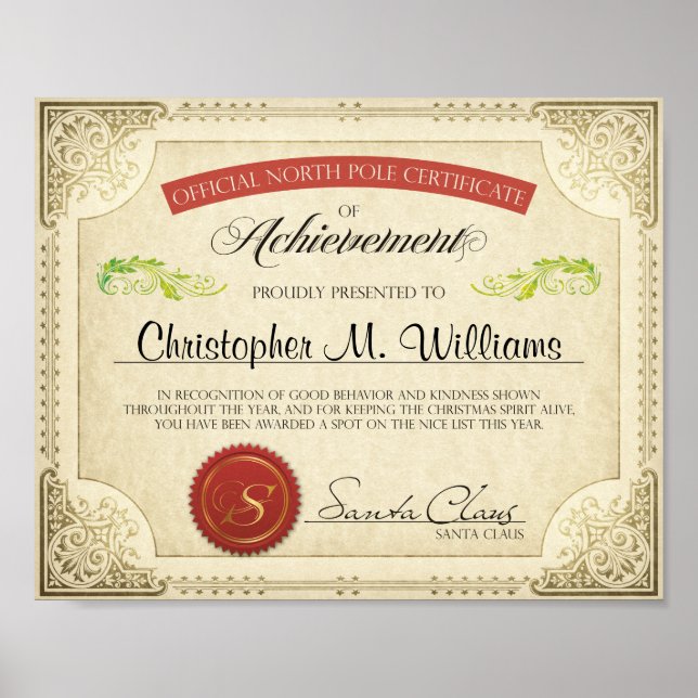 Santa's Nice List Personalized Certificate, Letter Poster (Front)