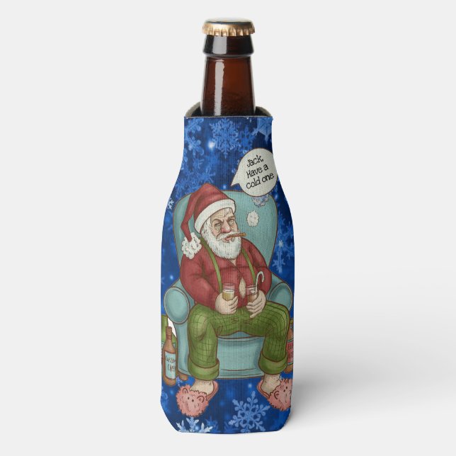 Santa's Night Off Personalize Name Funny Christmas Bottle Cooler (Bottle Front)