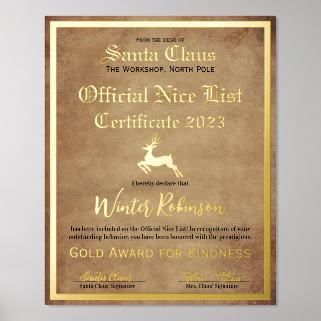 Santa's Official Nice List Certificate Foil Print (Front)
